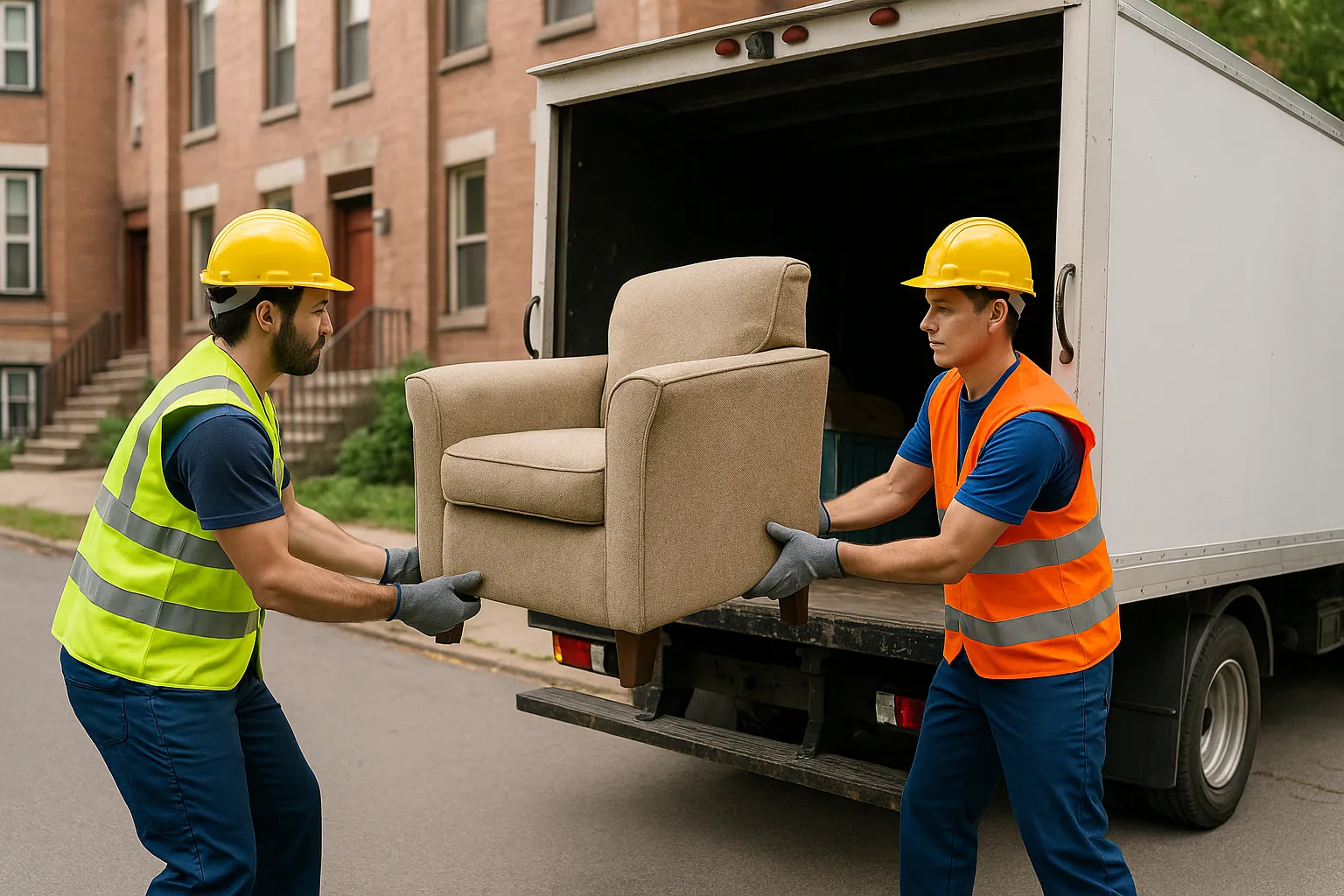 Senų baldų pakrovimas į sunkvežimį atliekų išvežimu