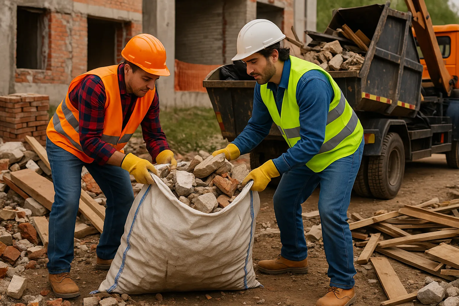 Statybinių šiukšlių surinkimas į maišus statybvietėje