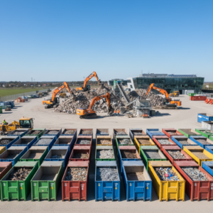 Statybinių atliekų utilizavimo aikštelės vaizdas su technika ir konteineriais