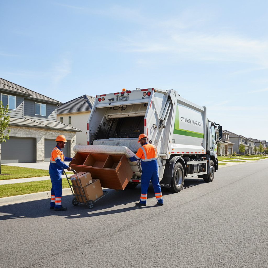 Darbuotojai krovė didelių gabaritų atliekas į sunkvežimį