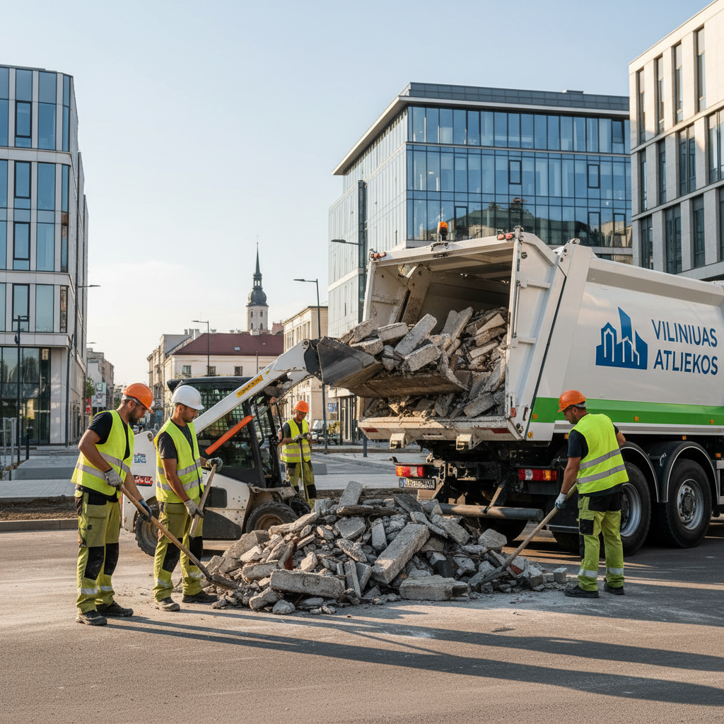 Statybinių atliekų išvežimo komanda Vilniuje