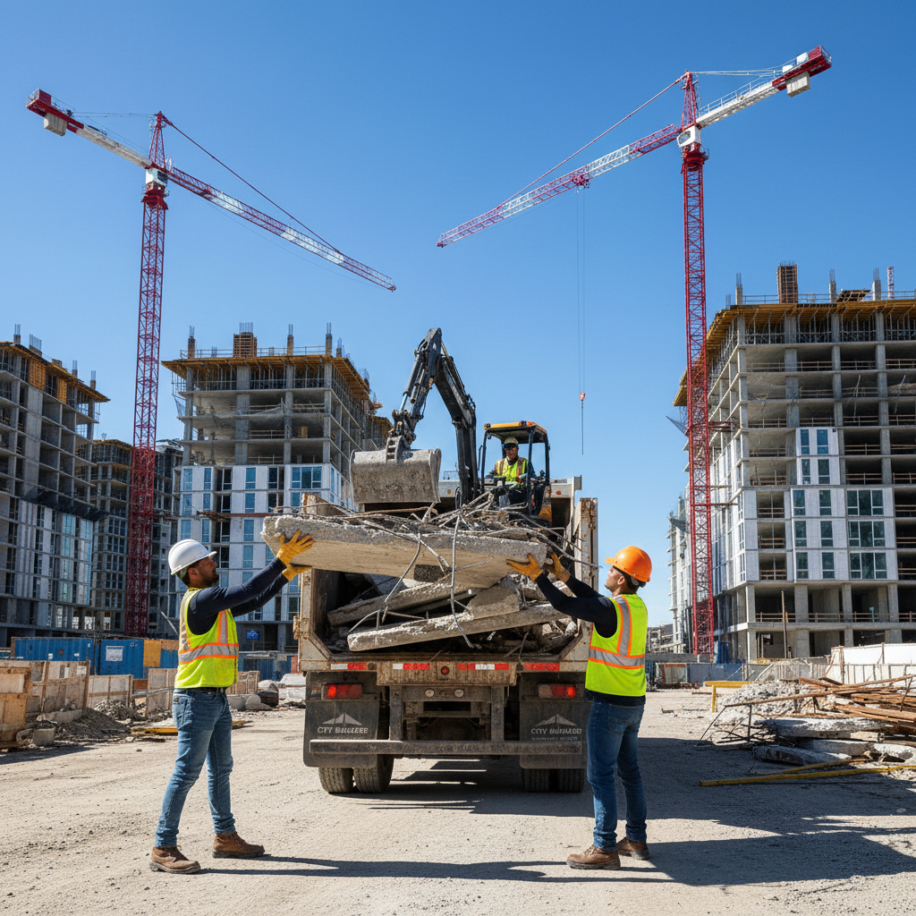 Darbininkai krauna statybines atliekas į sunkvežimį