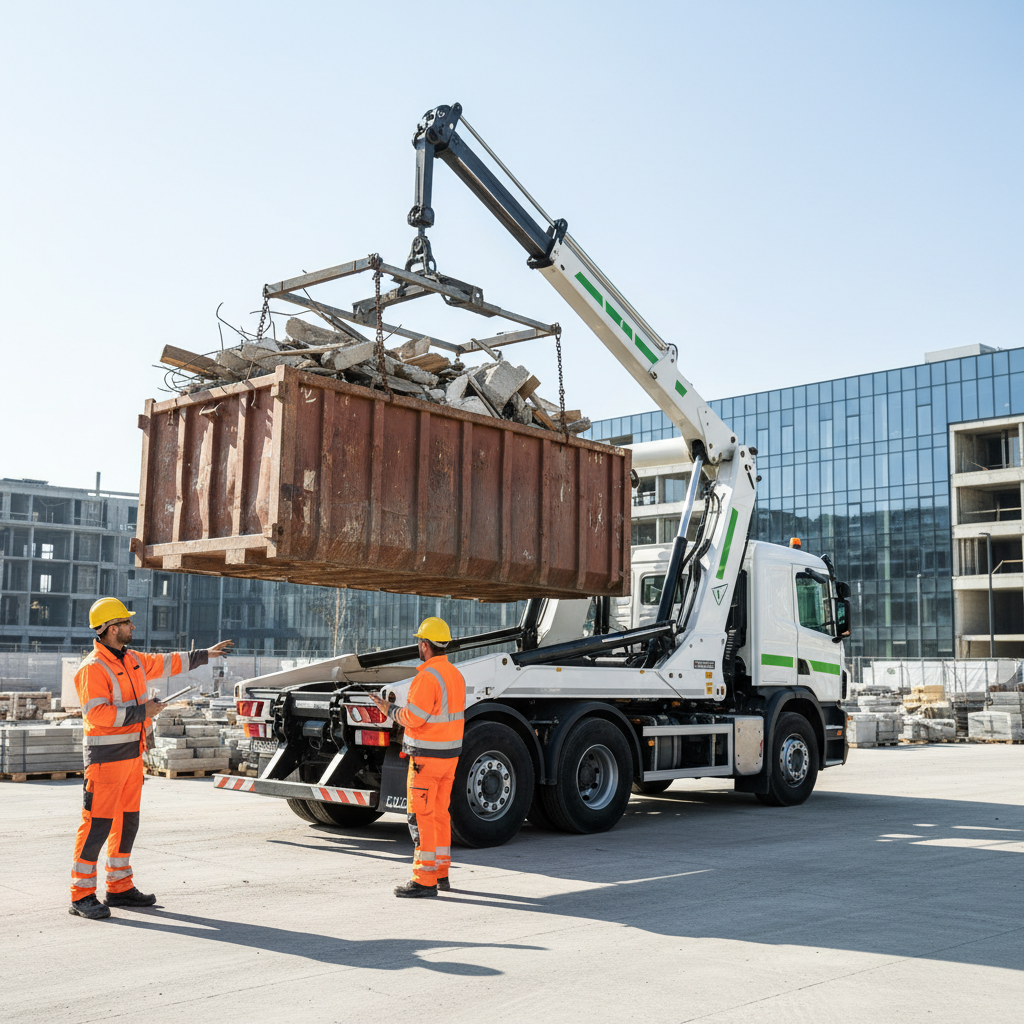 Profesionalus sunkvežimis išveža statybines atliekas, prižiūrint darbuotojams.