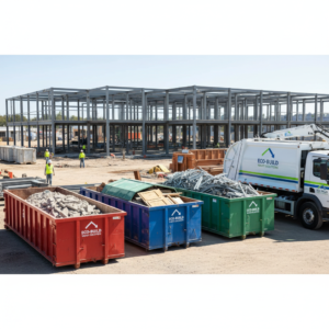 Šiuolaikinės statybvietės vaizdas su statybinių atliekų konteineriais ir išvežimo sunkvežimiu.