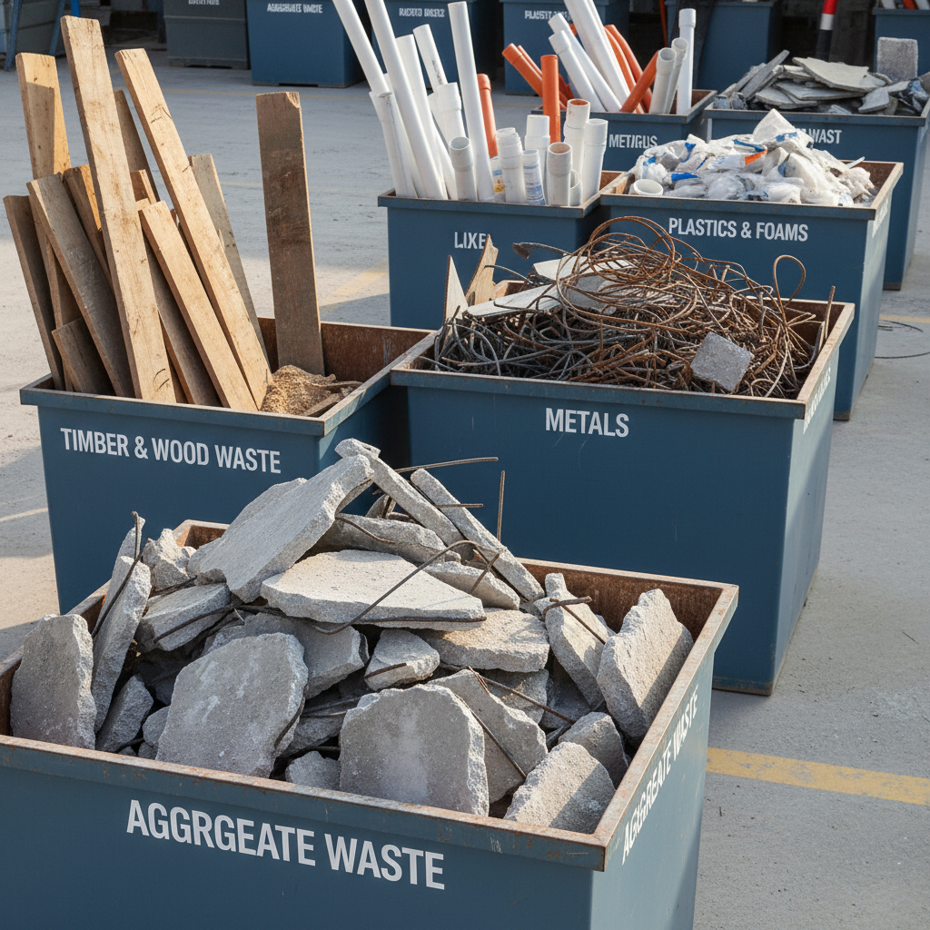 Įvairių statybinių atliekų rūšiavimas atskiruose konteineriuose statybvietėje.