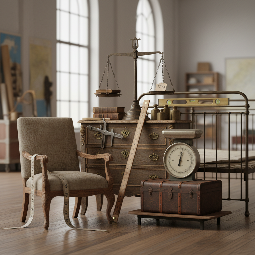 Senų baldų matavimas ir svorio nustatymas