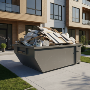 Buitinės atliekos po remonto konteineryje prie gyvenamojo namo