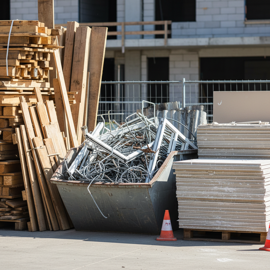 Išrūšiuotos buitinių atliekų dalys po remonto, mediena, metalas ir gipso plokštės
