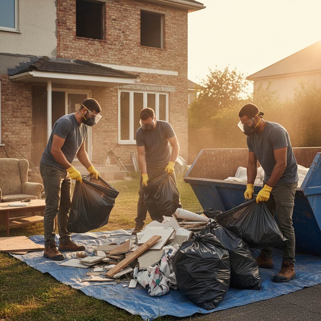 Darbuotojai renka buitines atliekas po remonto su apsauginėmis pirštinėmis