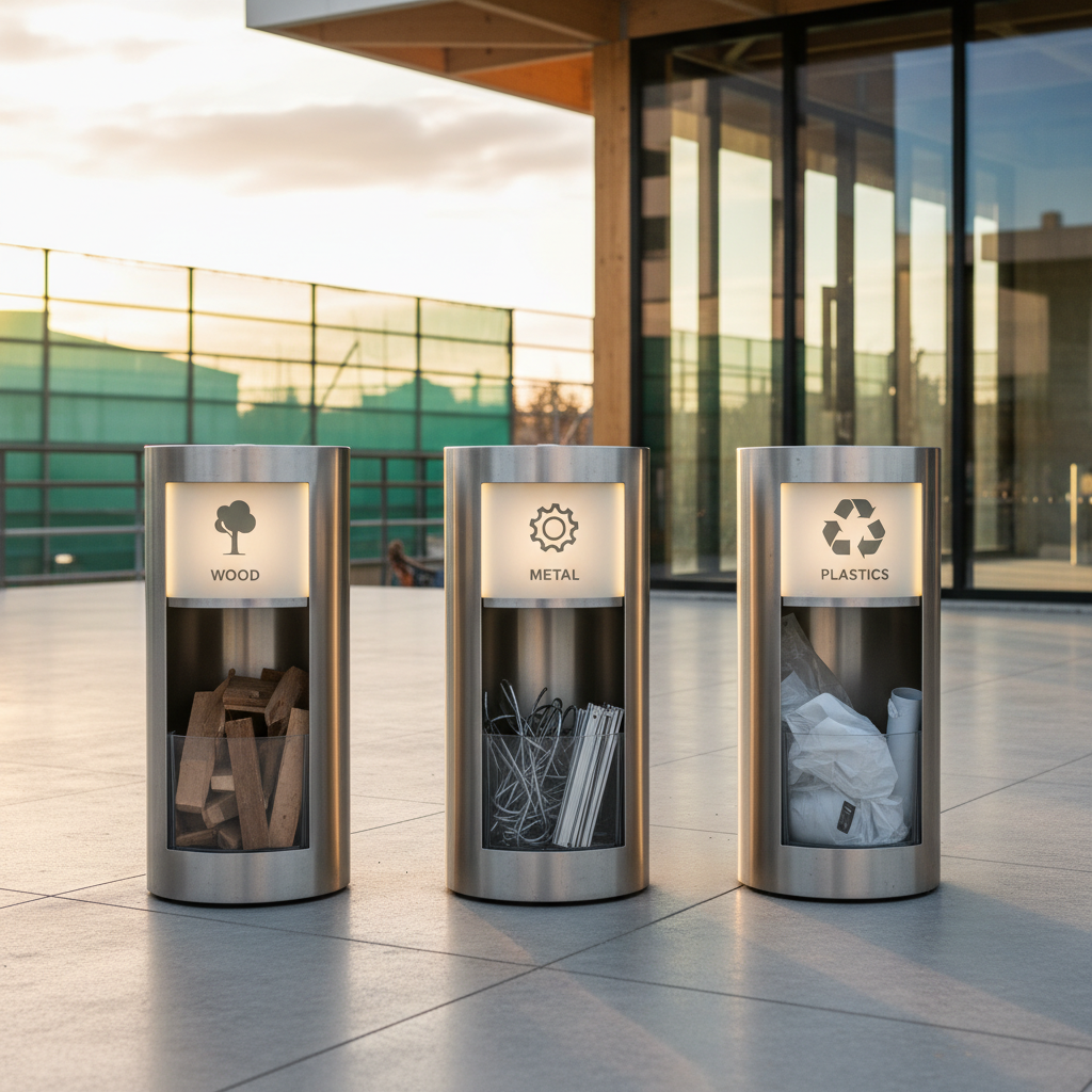 Perdirbimo konteineriai su ženklais medienai, metalui ir plastikui po remonto