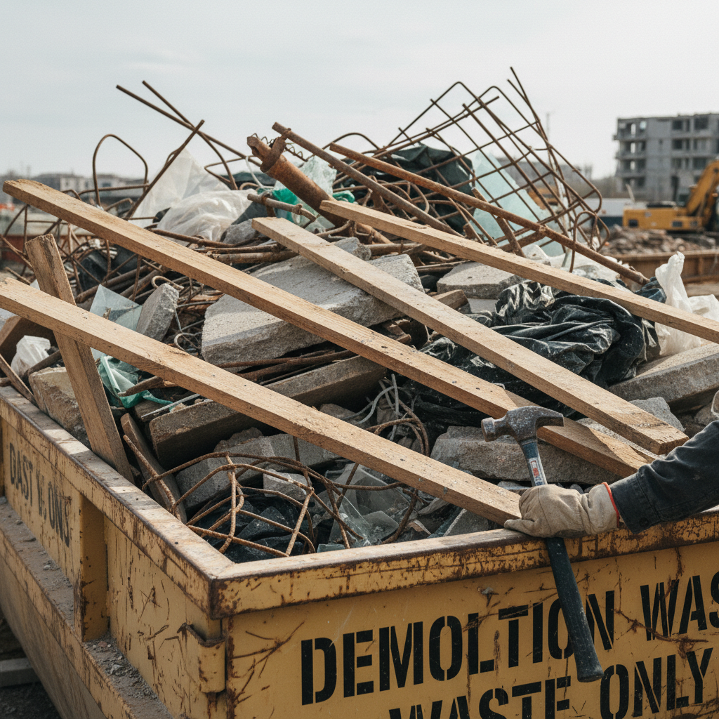 Statybinės atliekos konteineryje po statybos