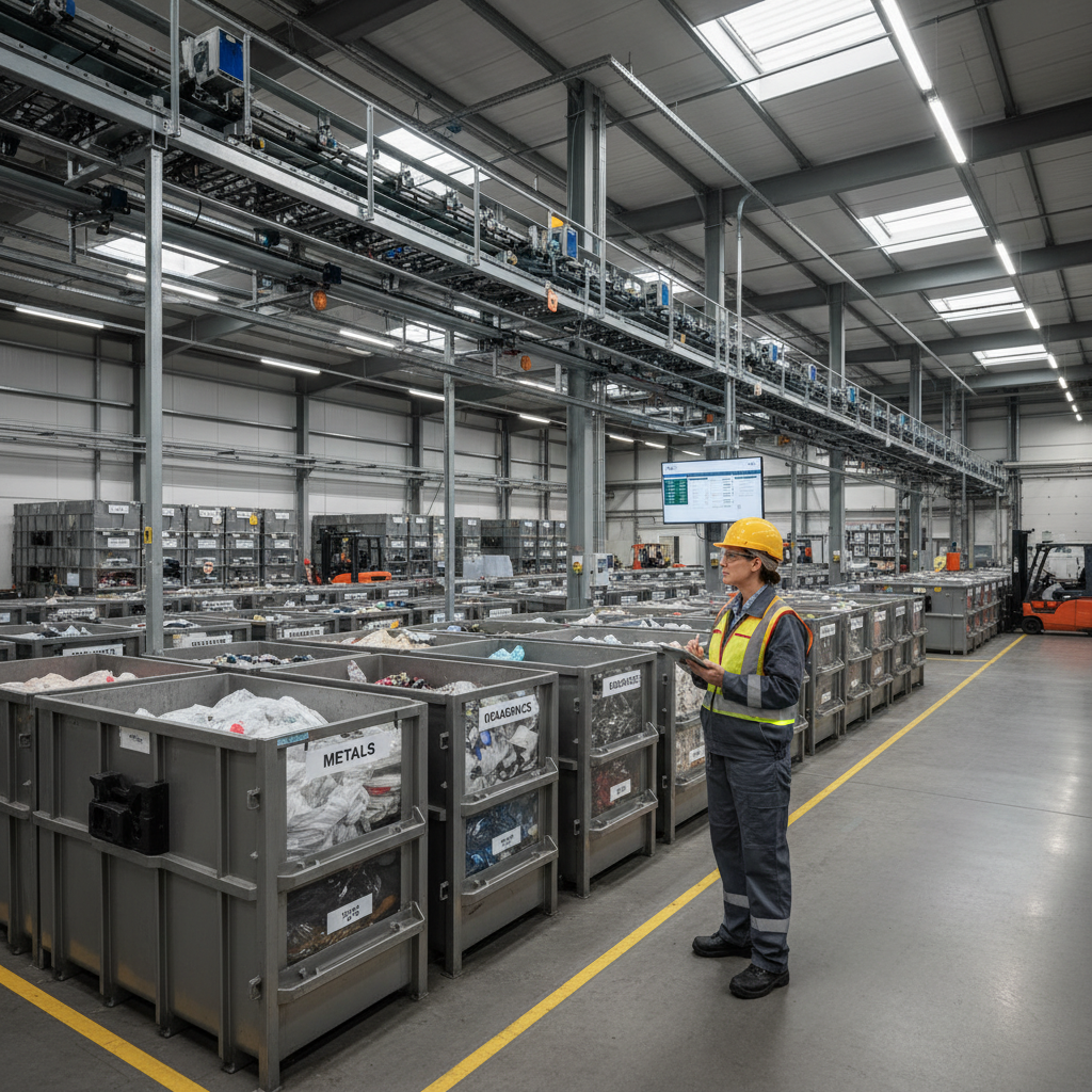 Pramoninis supervizorius tikrina šiukšlių konteinerius sandėlyje