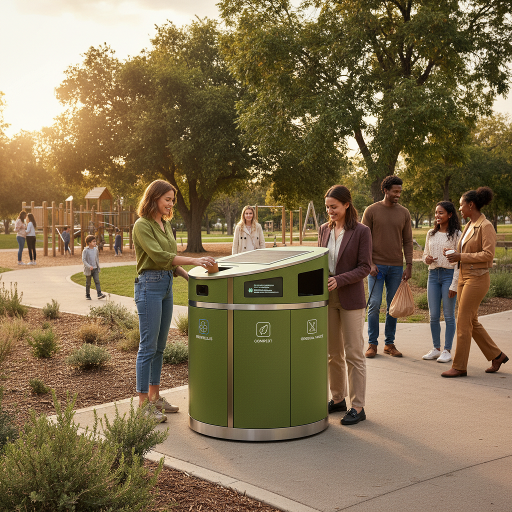 Draugiška aplinka su žaliais šiukšlių konteineriais parke