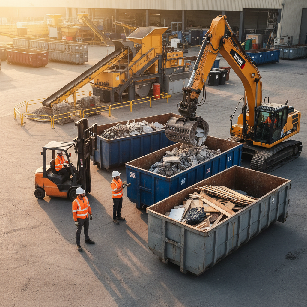 Darbuotojai valdo statybinių atliekų konteinerius