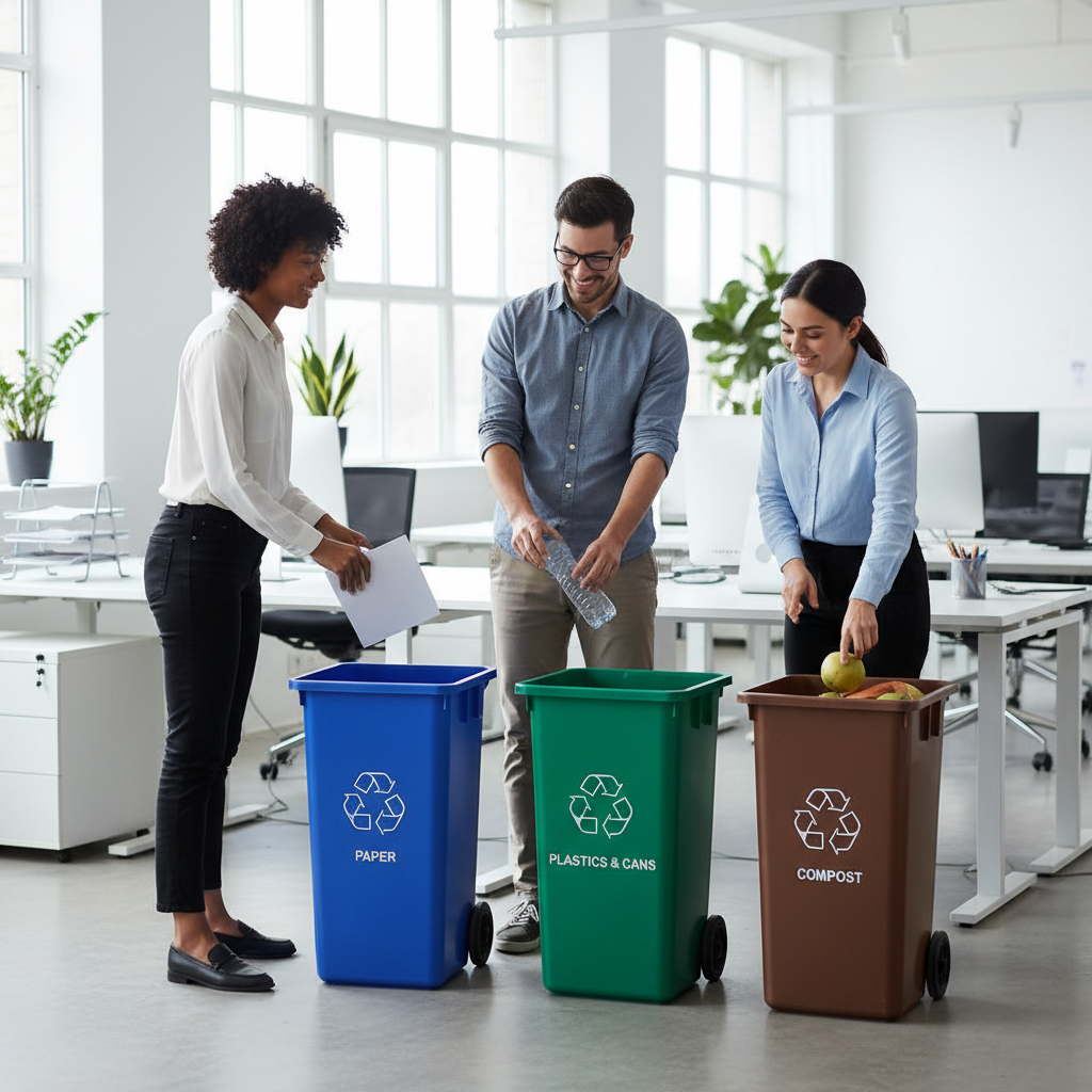 Darbuotojai rūšiuoja šiukšles biure