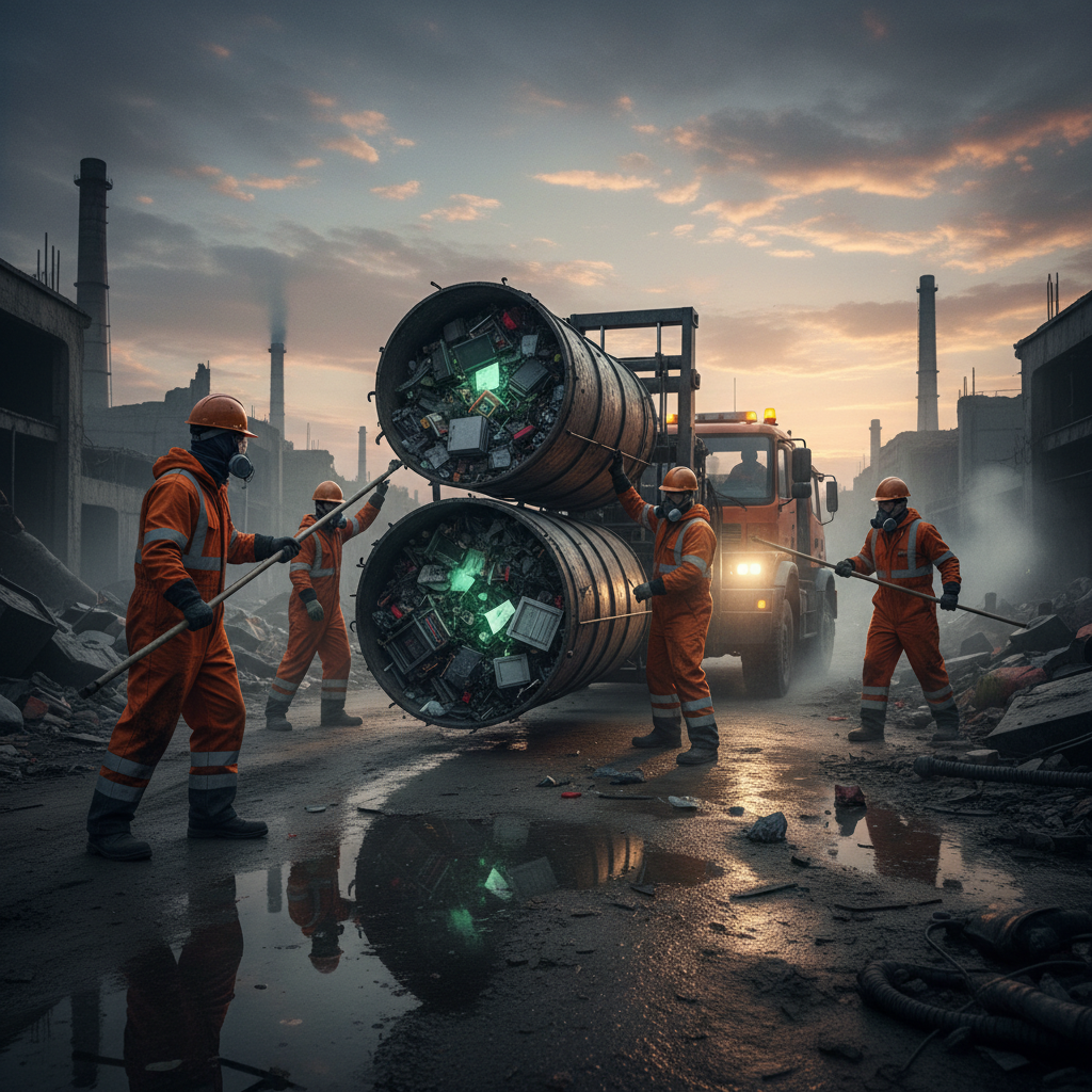 Darbuotojai su apsaugine įranga perneša didelius atliekų konteinerius