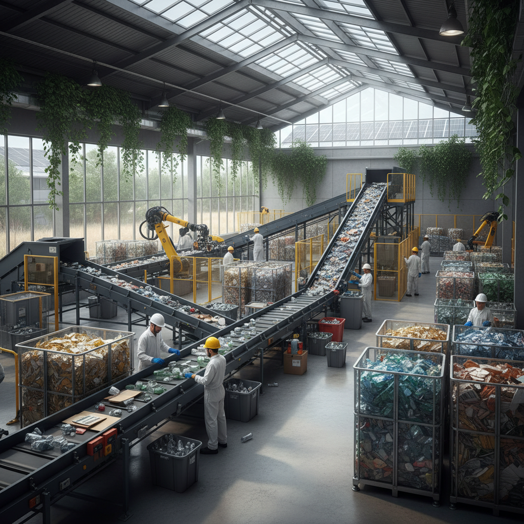 Perdirbimo centras su darbuotojais, rūšiuojančiais atliekas