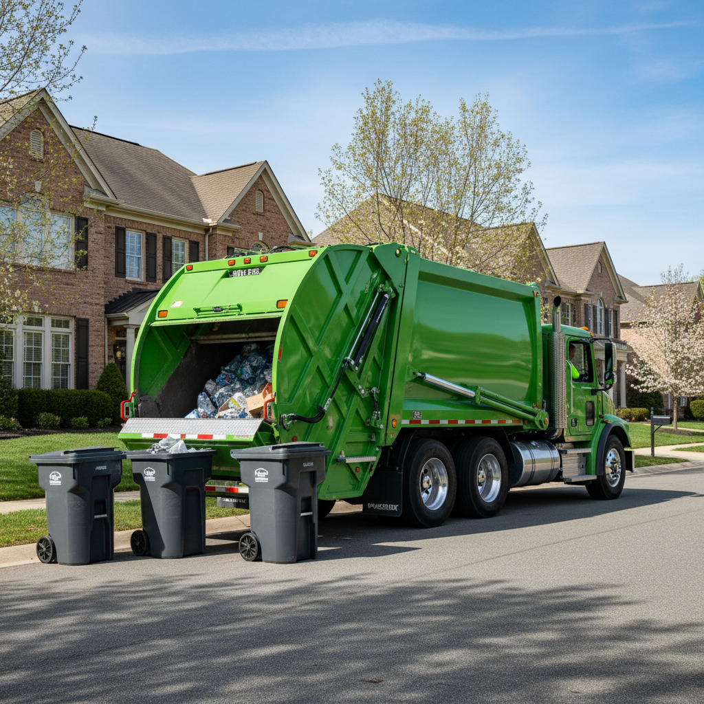 Modernus šiukšlių išvežimo sunkvežimis gyvenamajame rajone