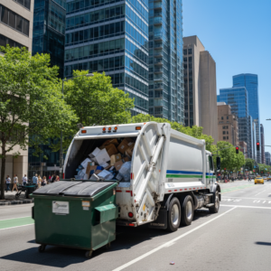 Skubus atliekų išvežimas miesto gatvėje