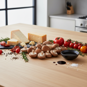Umami skonio ingredientai ant medinio stalo