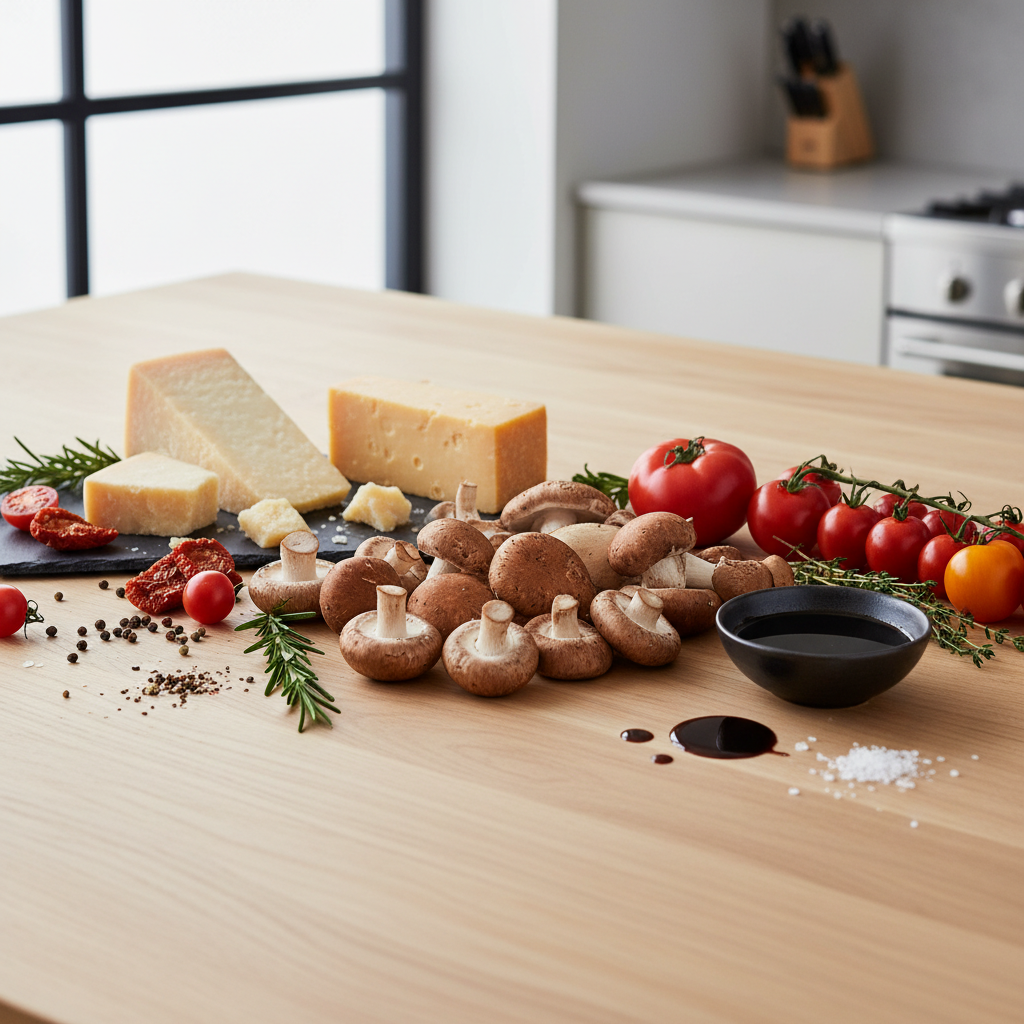Umami skonio ingredientai ant medinio stalo
